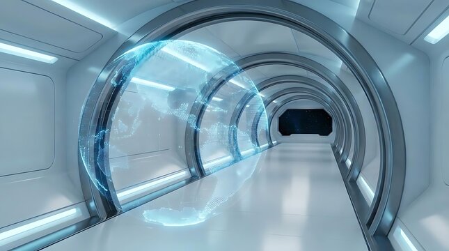 Futuristic corridor with holographic world map projection
