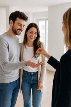 Real estate agent handing house key to happy man and woman. Couple buying new apartment. Property investment, relocation and moving into home concept. Successful home purchase deal.