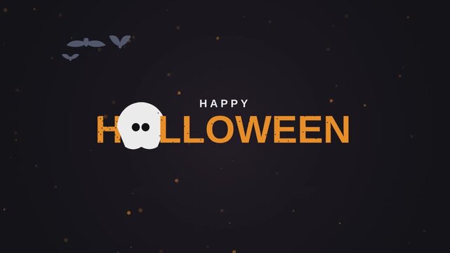 Minimalist happy halloween greeting card design with a cute ghost character on a dark background with flying bats