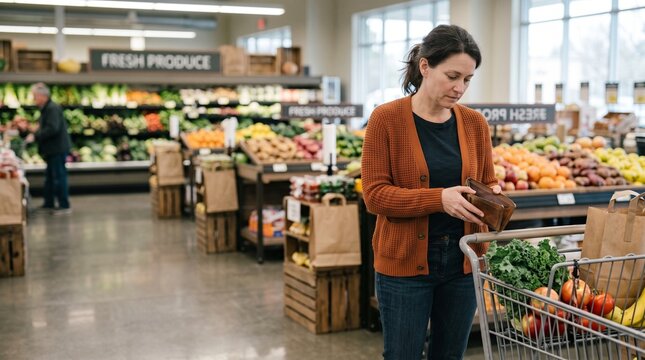Shopper checks an almost empty wallet in a grocery aisle
