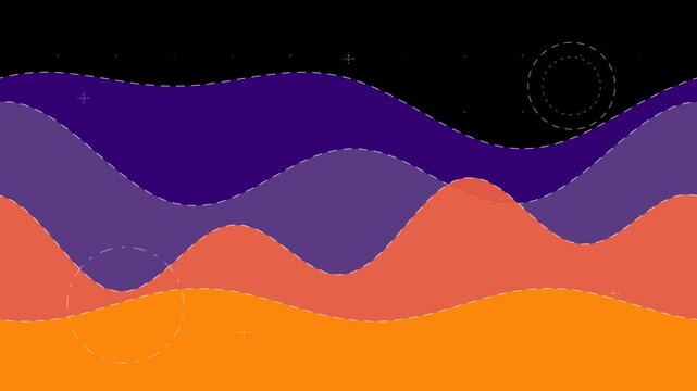 Abstract flat vector wavy background, colorful layered wave data infographic loop with dashed outlines and subtle grid pattern