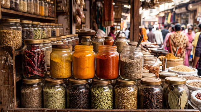 Close up view of assorted Indian spices displayed in glass containers at a traditional market store in Indore Madhya Pradesh India showcasing ingredients used in Indian cooking and spice trade.