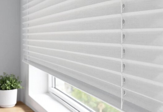 Close-up of white pleated window blinds filtering soft sunlight, creating elegant shadows and minimalist texture. Bright modern interior background with clean architectural design.