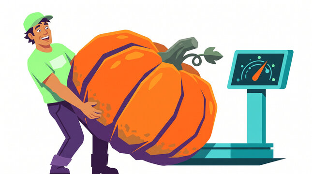 Man weighing giant pumpkin on scale in bright colorful setting  