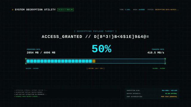 Cyber security decryption progress bar terminal screen, hacker system decryption utility interface with data stream and access code display