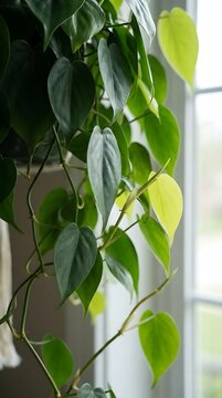 Green heart shaped leaves on climbing plant stem