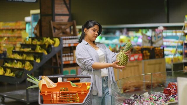 Young indian woman choosing fresh pineapple at the supermarket