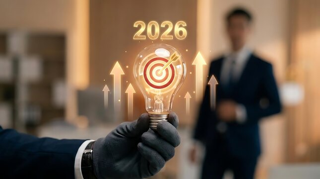Hand holding glowing lightbulb with target and 2026 text