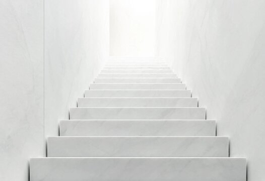 Ultra realistic white marble staircase featuring clean geometric architecture, elegant minimalist design, luxurious stone texture, modern interior backdrop, bright lighting, sophisticated contemporary