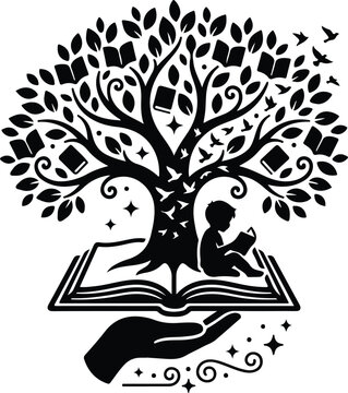 Tree Of Knowledge Reading Child Book Line Art Vector Icon