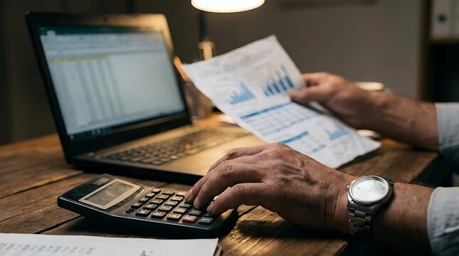 Man using calculator and reviewing financial documents