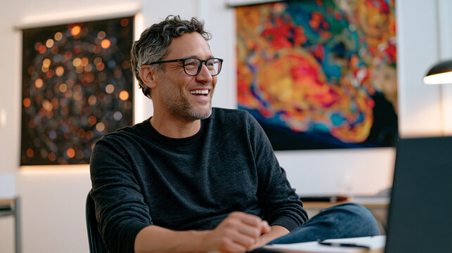 An astronomer in a minimalist white studio candid moment, laughing while reviewing cover crop planning satellite overlays projected beside star charts, the unexpected collision of disciplines caught