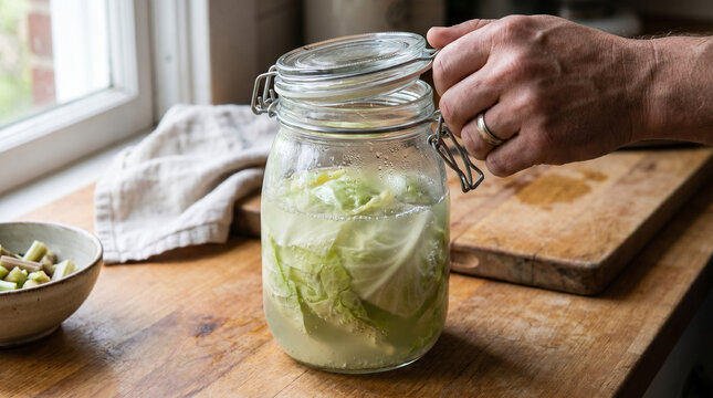 Cabbage Scrap Ferment Bottle Burping Ritual in Everyday Home Kitchen