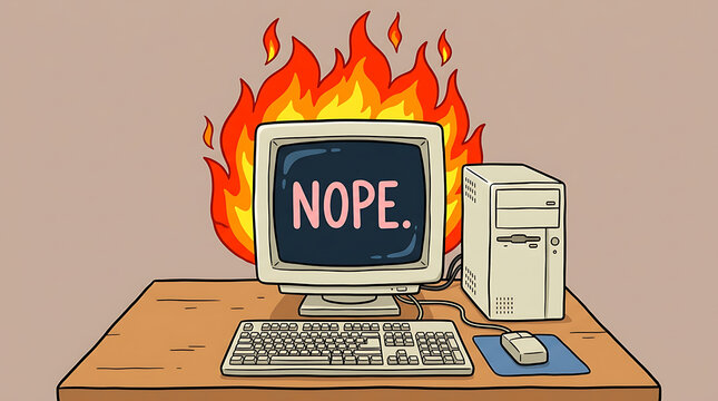 Digital disaster an old computer screen displaying 'NOPE' as vivid flames engulf the vintage desktop setup