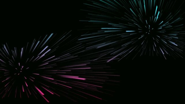 Colorful fireworks burst animation with neon blue and pink glowing light trails on dark background.