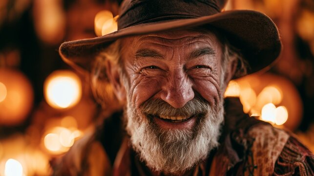 Grandfather in a Halloween costume smiling at the camera.