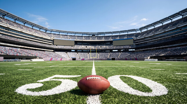 Football resting on the 50-yard line of an empty stadium field under bright daylight. Captures the anticipation before a game. Perfect for sports, football, stadium, and game day content
