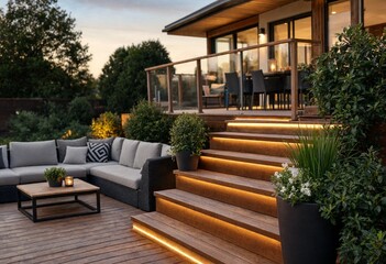 Fototapeta premium Beautiful modern multi-level composite deck featuring built-in seating, illuminated steps, elegant outdoor furniture, lush landscaped backyard, and warm twilight ambiance for luxury residential living