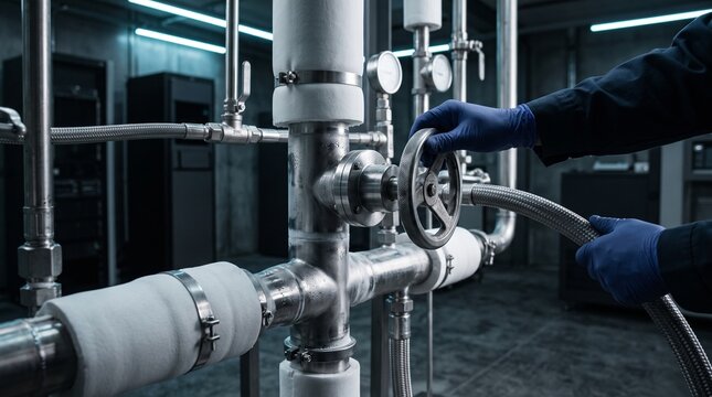 Specialist adjusts coolant manifold for quantum computing
