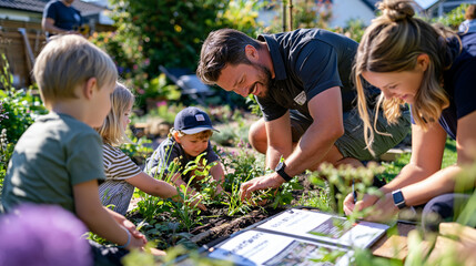 Fototapeta premium Landscaping design team works with a family in a busy suburban garden at midday, parents and children observing plant installations along a newly designed border, breathwork instruction cards visibl