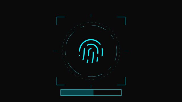 Futuristic biometric fingerprint scanner interface verifying identity with access granted display
