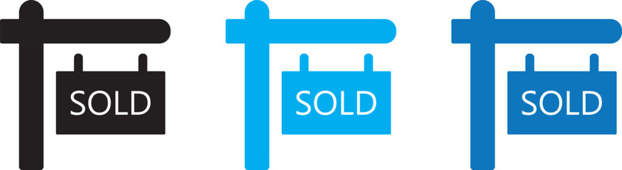 Fototapeta premium Real estate sold sign icons set in solid flat style vector. House sold signpost icon set, property real estate board
