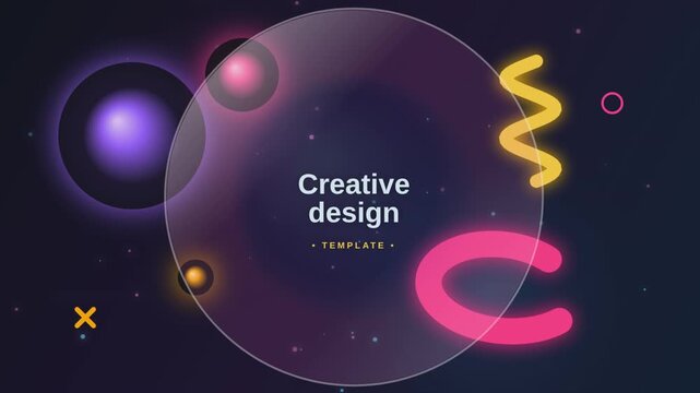 Glassmorphism creative design template, frosted glass circle with neon geometric shapes, abstract dark background with glowing spheres