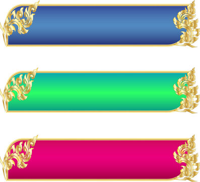 Luxurious web banner set with gold borders, clip art in blue, green, and red, decorated with elegant gold Thai patterns, and a transparent background.