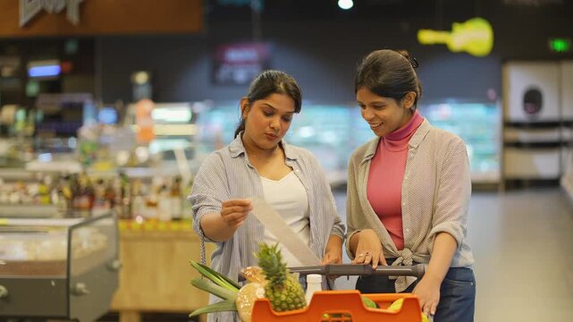 Indian women reading shopping list at supermarket