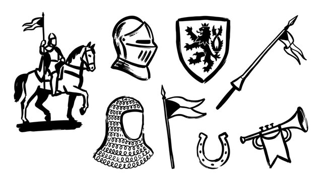 Medieval knight and heraldry icon set with horseman helmet shield lance chainmail and trumpet hand drawn vector illustration