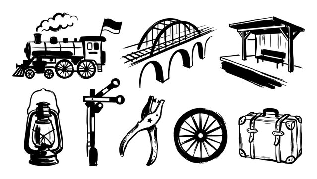 Vintage railway travel vector sketch set featuring steam locomotive bridge station platform lantern suitcase and train wheel