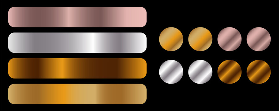 Gold radial and linear metal styles pack. Premium metallic gradient set. Golden, silver, rose gold, bronze. Glossy foil textures, smooth light reflections for luxury branding, covers, elegant design
