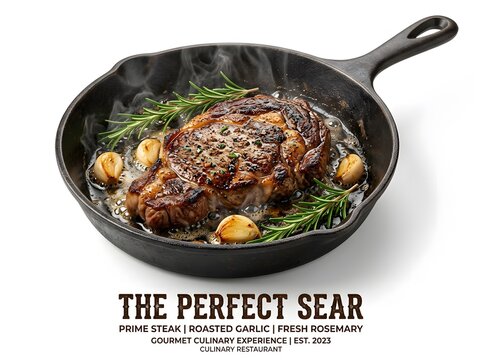 A delicious ribeye steak cooked in a cast iron skillet with garlic and fresh herbs isolated on a white background studio