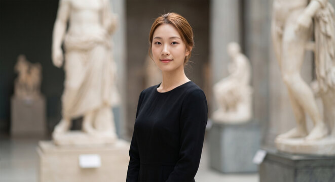 Portrait of elegant young Asian woman standing in classical museum
