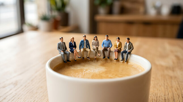 Miniature business figures sitting on the rim of a coffee cup during a break