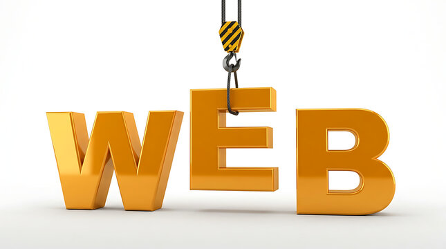 3D Render of Orange Golden Letters Spelling WEB with Crane Lifting Letter E for Construction