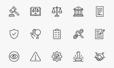Fototapeta premium Regulation line editable icon set. Containing rules, authority, conduct, law, guideline, penalty, government, ethics, compliance, procedure