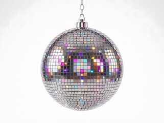 Obraz premium A shiny disco ball hanging from a chain against a plain white background reflecting colorful lights for a festive party atmosphere