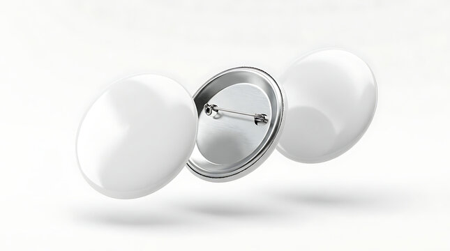 Three blank white round buttons with pins floating