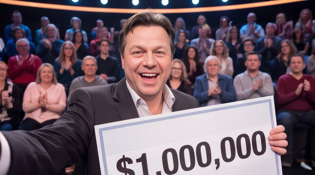 Excited game show winner holding giant one million dollar check. Lucky contestant celebrating jackpot victory in front of clapping studio audience.