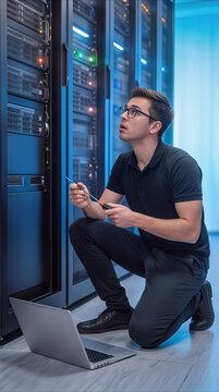 Network technician troubleshooting server hardware in modern data center. IT specialist using screwdriver and laptop for equipment maintenance.