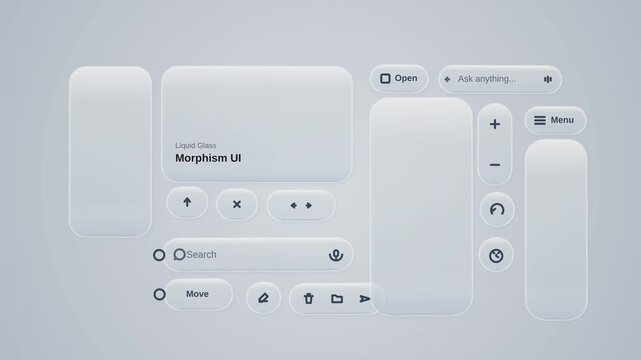 Glassmorphism UI kit with frosted glass buttons. Minimalist white neumorphic interface elements. Liquid glass web design components.