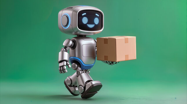 Delivery bot carrying cardboard parcel on green background. Automated logistics and smart shipping concept.