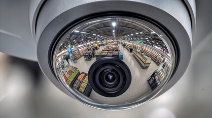 Obraz premium Security camera monitoring grocery store aisles. Surveillance system recording retail activity in modern supermarket.