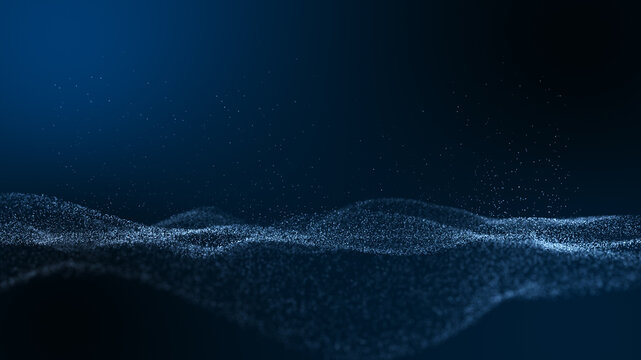 Abstract dark blue particle wave landscape background with glowing dust.