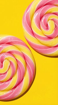 Two large swirl lollipops with pink and yellow stripes on a bright yellow surface. The mood is cheerful, sweet, and fun. Great for food blogging, party invitations, or candy shop branding.
