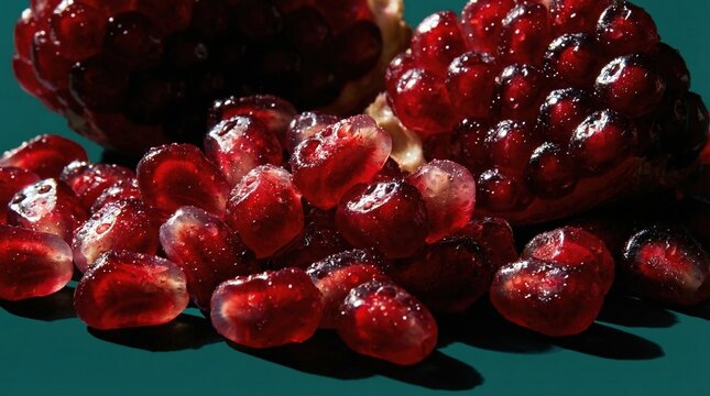 Ripe pomegranate seeds covered in fresh water droplets on a dark teal background. Vibrant red colors create a fresh and juicy mood. Perfect for food blogs or health advertisements.
