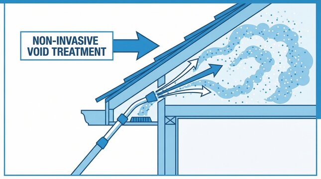 Diagram showing non-invasive void treatment in a house roof. It illustrates the application of insulating or pest control material. Useful for home improvement and construction services.