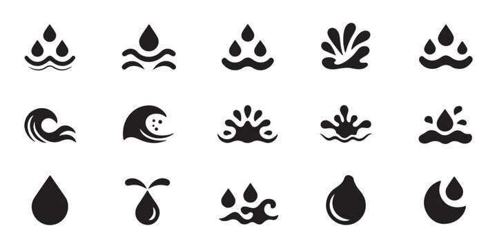 Water drops and splashes icons collection, flowing liquid symbols on transparent background.