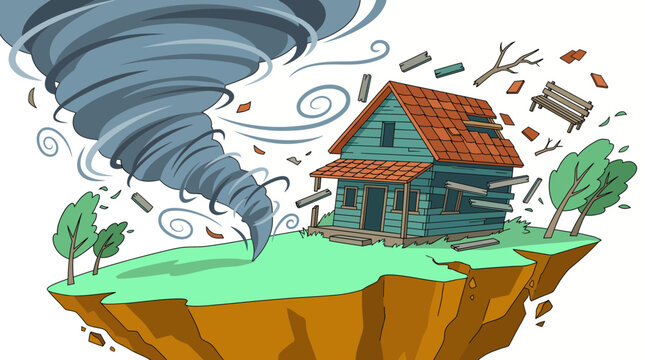 Tornado disaster vector illustration showcasing swirling twister storm, flying wooden debris and damaged house structure, illustrating extreme weather damage and natural disaster risk